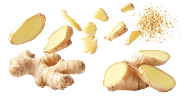 Fresh ginger root and slices isolated on transparent background