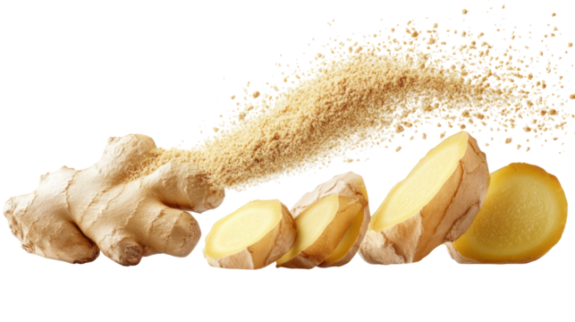 Fresh ginger root and powder isolated on transparent background