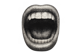 Open mouth with visible teeth roaring or yelling. Vintage style woodcut or etching depicting a human vocal expression. Transparent background
