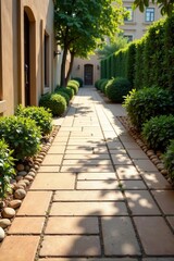 Sun-dappled Pathway Through Lush Greenery, Flanked by Carefully Maintained Shrubs and Stone Borders, Leading to a Tranquil Entrance