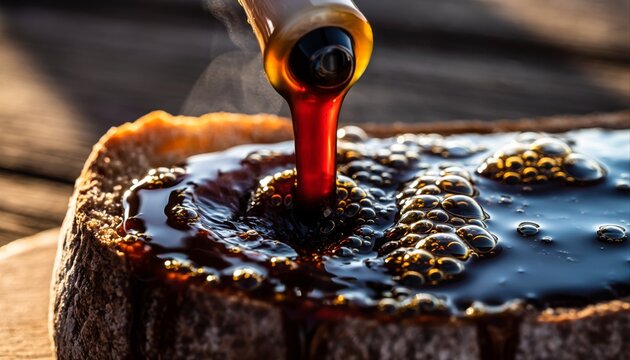 Dynamic vertical shot of dark olive oil pouring from an unbranded bottle onto rustic bread or salad.