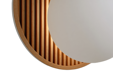 Wooden, circular light fixture with light-beige circle
