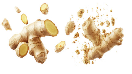 Fresh ginger root and slices flying isolated on transparent background