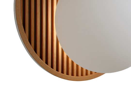 Wooden, circular light fixture with light-beige circle
