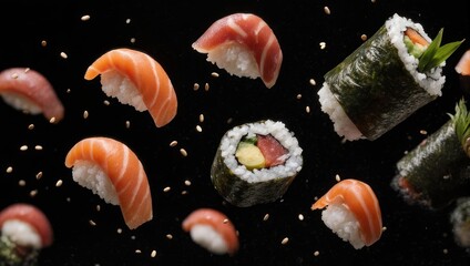 Assorted sushi and rolls with glistening fish and rice against a deep black backdrop