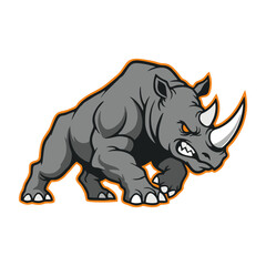 Fototapeta premium Charging rhinoceros with sharp horn prepares to attack in the wild, showcasing strength and power with an intimidating stance and fierce expression.