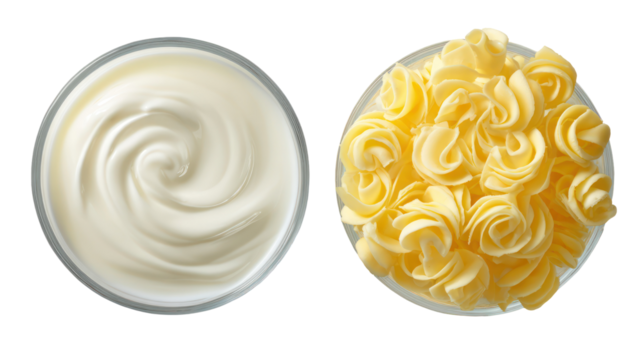 Two easter eggs one plain white and one decorated with yellow swirls isolated on transparent background