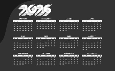 Elegant 2026 calendar displayed on dark gray backdrop with modern typography and clean layout for planning and organization.
