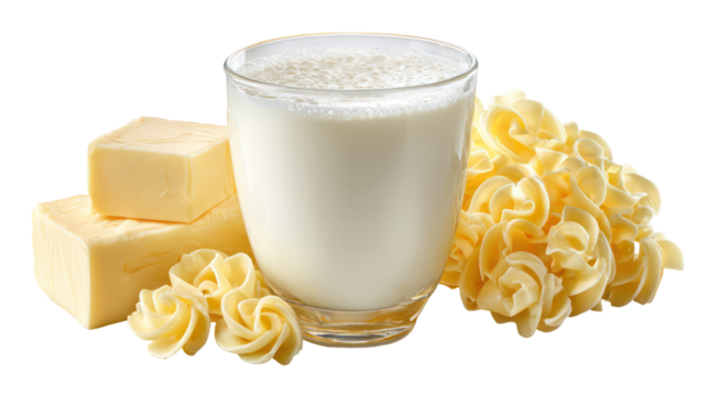 Glass of milk with butter cubes and cheese puffs isolated on transparent background