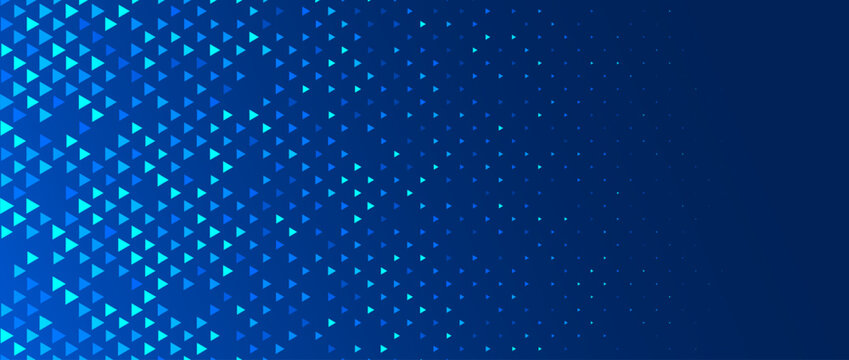 Blue neon triangle texture. Glowing arrow geometric background. Tech triangular mosaic pattern wallpaper. Fading arrow gradient for science poster, healthcare banner, business booklet, flyer. Vector