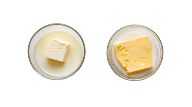 Two oval dishes with cheese samples isolated on transparent background