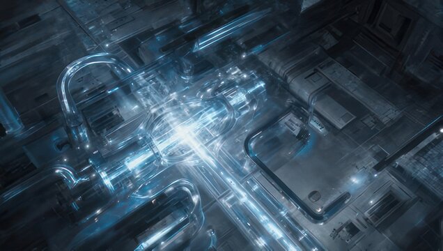 Abstract digital circuit board with glowing lights and data streams.