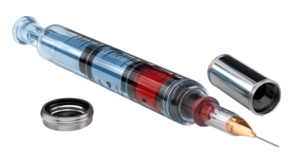 Medical syringe with red liquid and needle isolated on transparent background