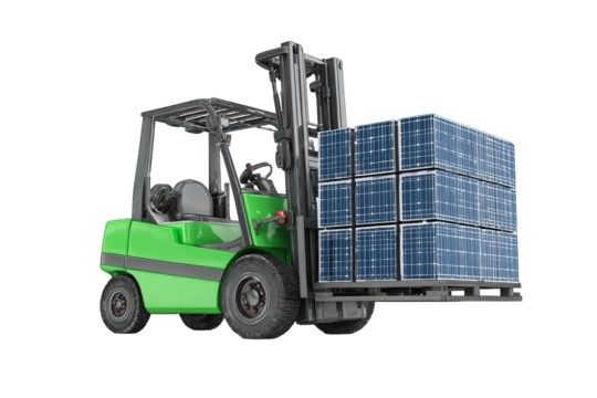 Green forklift carrying a large pallet of solar panels