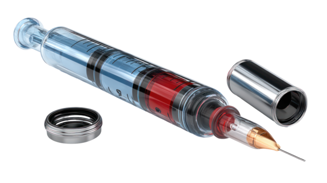 Medical syringe with red liquid and needle isolated on transparent background