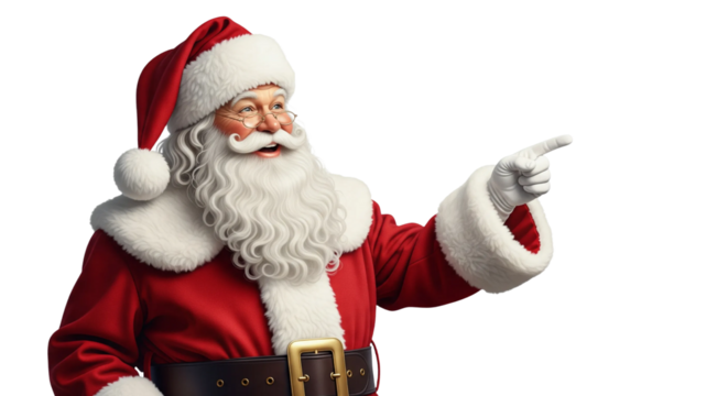 Jolly Santa Claus Pointing Finger with Happy Expression on transparent background