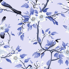 Fototapeta premium Elegant bird floral branch blue leaf white flower spring seamless pattern nature decorative vintage wallpaper