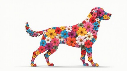 A vibrant canine silhouette, meticulously crafted from a profusion of multicolored blossoms, exudes an aura of springtime joy and floral elegance.