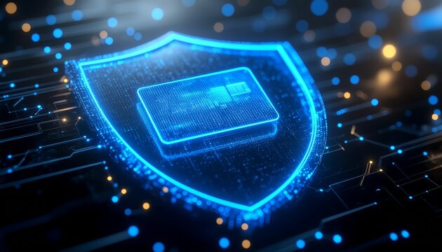 Digital Card Security: Depicts a secure, high-tech shield overlaid with a digital credit card, a powerful representation of online safety and financial protection in the modern digital landscape.