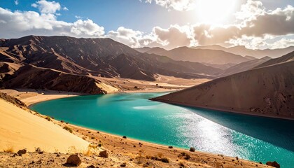 A vibrant turquoise lake is surrounded by arid desert mountains and golden sand dunes, illuminated by the sun.