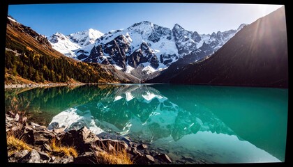 A stunning mountain lake with vibrant turquoise water perfectly reflects snow-capped peaks and colorful autumn foliage.