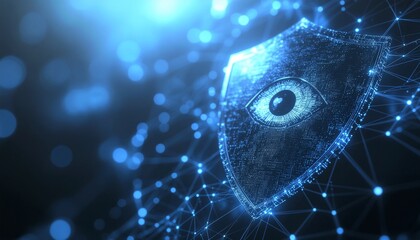 Digital Sentinel: A captivating image representing a digital shield, safeguarding the eye of vigilance, encapsulated within a network of interconnected data points, evoking a sense of cyber security.