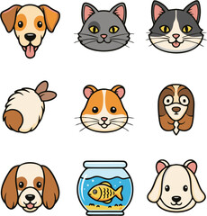 Obraz premium Cute Cartoon Pet Head Icon Set Vector Collection