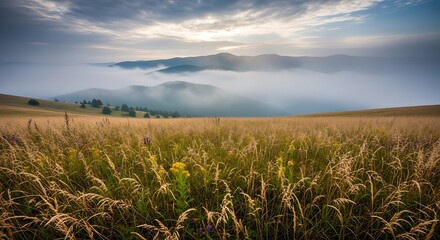 Serene mountain landscape with a sea of fog and golden meadow.