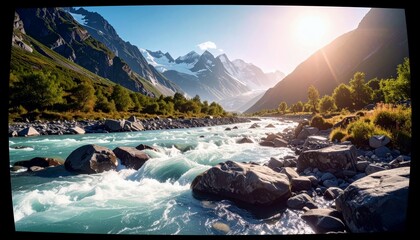 A vibrant turquoise river rushes over rocks in a mountain valley, with snow-capped peaks and green trees under a bright sun.