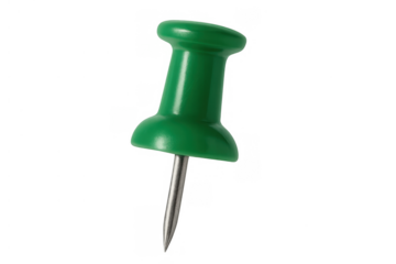 Green plastic thumbtack or pushpin with sharp metal pin, office supply for attaching notes, schedules, and reminders