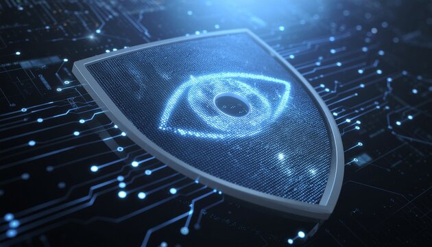 Cyber Shield: Digital eye symbol on a protective shield, set against an illuminated circuit board, embodying data protection and cybersecurity