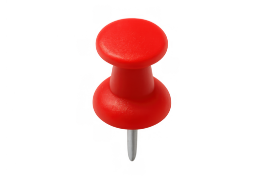 Red plastic pushpin with sharp metal pin, holding essential documents or marking locations on maps, isolated on transparent background
