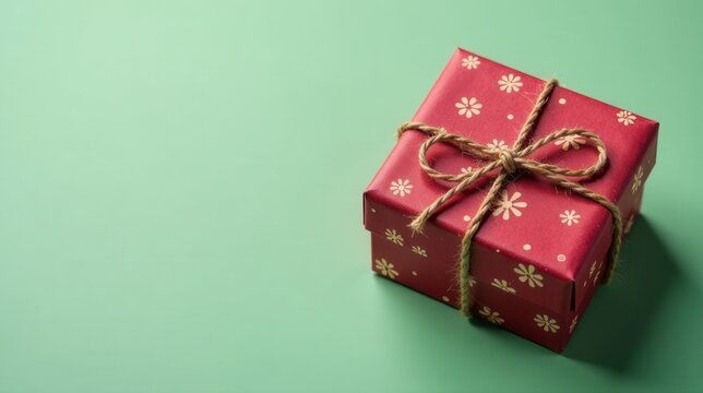 A small crimson gift box adorned with delicate floral patterns, secured with a rustic twine bow, rests on a serene mint green background. - Powered by Adobe