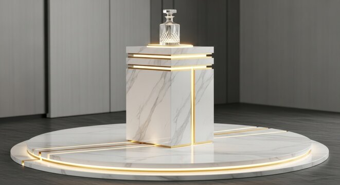 Elegant white marble podium with gold accents and hand sanitizer dispenser in a modern, minimalist