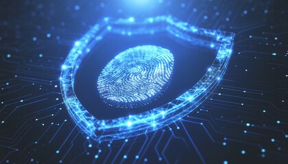 Digital Fingerprint Security: A glowing digital shield overlaid with a fingerprint symbolizes secure identity verification, and data protection in the digital realm.