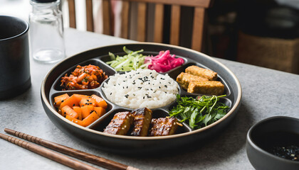 A clean, minimalist food photo featuring a colorful rice bowl with assorted fresh vegetables, tofu, and side dishes. Styled on a modern table setting, perfect for healthy meal concepts 