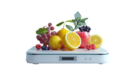 Kitchen scale with digital screen and fruits on top clean on transparent background