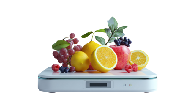 Kitchen scale with digital screen and fruits on top clean on transparent background