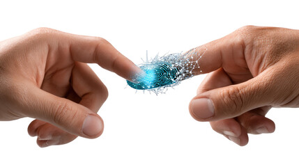 Interacting Touch: A captivating image capturing a moment of digital interaction. Two hands approach, fingertips poised, connecting with a luminescent blue energy, a visualization of technology.