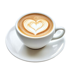 White cup of coffee with latte art heart isolated on transparent background