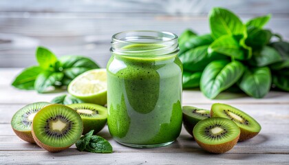 A glass jar filled with green smoothie surrounded by sliced kiwis, lime, and fresh mint leaves on a wooden surface with a clean and healthy food vibe.