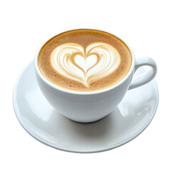 White cup of coffee with heart latte art isolated on transparent background