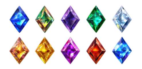 Nine colorful, diamond-shaped gems, each with a different hue