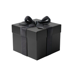Black gift box with striped ribbon and bow isolated on transparent background