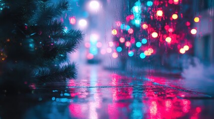 Reflections of neon Christmas lights on a rain-slicked, cyberpunk street, steam rising from vents, moody, atmospheric