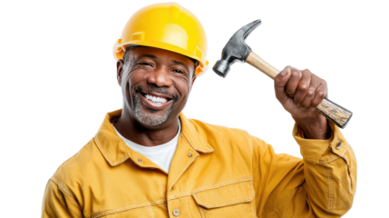 Smiling Construction Worker: An experienced construction worker proudly displays a hammer, showcasing expertise and dedication, and embodying the spirit of skilled craftsmanship.