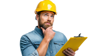 Construction Worker in Contemplation: A construction worker, helmeted and thoughtfully holding a clipboard, stares upward, immersed in problem-solving and planning.