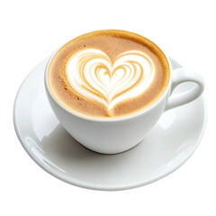 White cup of coffee with heart latte art isolated on transparent background