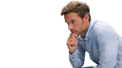 Man in Deep Thought: A thoughtful man gazes intently, his hand resting on his chin, lost in contemplation. The image evokes a sense of introspection and the weight of decision.