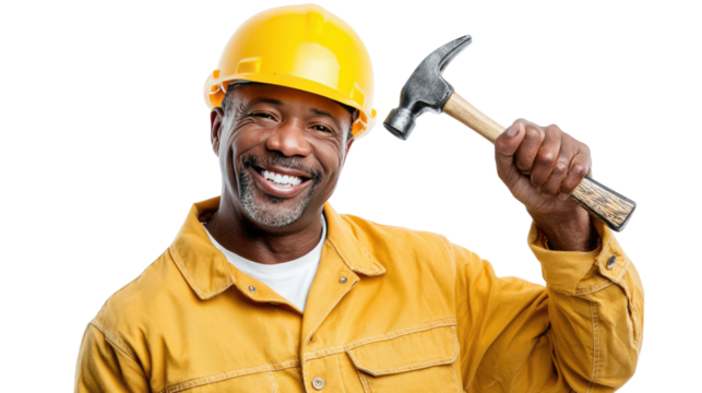 Smiling Construction Worker: An experienced construction worker proudly displays a hammer, showcasing expertise and dedication, and embodying the spirit of skilled craftsmanship.